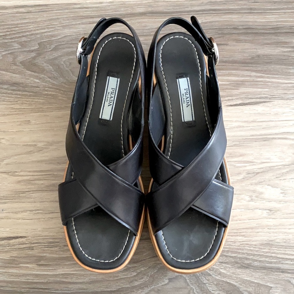 Prada leather cross strap platforms size 7